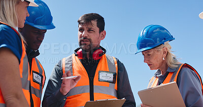 Buy stock photo Clipboard, conversation and meeting with logistics team outdoor for delivery planning or schedule. Collaboration, discussion and supply chain management with people at depot for distribution agenda