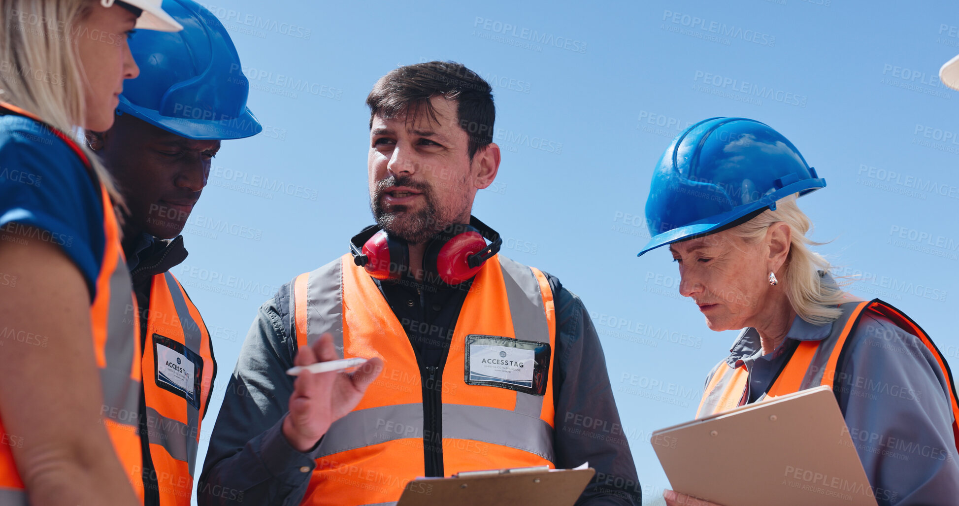 Buy stock photo Clipboard, conversation and meeting with logistics team outdoor for delivery planning or schedule. Collaboration, discussion and supply chain management with people at depot for distribution agenda