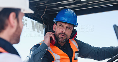 Buy stock photo Man, logistics and team with forklifter operator for shipping control, supply chain or safety. Male people, contractor or supplier with vehicle for distribution, export or import transportation