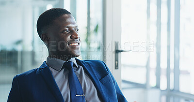 Buy stock photo Business, thinking and black man in office with vision for justice, decision or planning at law firm. Smile, corporate attorney or person with reflection, legal solution or idea with positive mindset