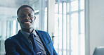 Portrait, financial advisor or black man in office for career growth, happiness or pride for about us. Investment manager, professional or African person smile for opportunity, confident or workplace