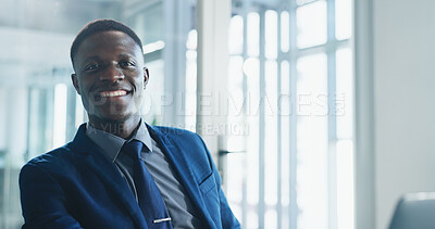 Buy stock photo Portrait, financial advisor or black man in office for career growth, happiness or pride for about us. Investment manager, professional or African person smile for opportunity, confident or workplace