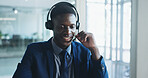 Customer service, business and black man in call center for help desk, banking assistance or support. Hotline, contact us and happy consultant with headset for account balance, loan inquiry or crm