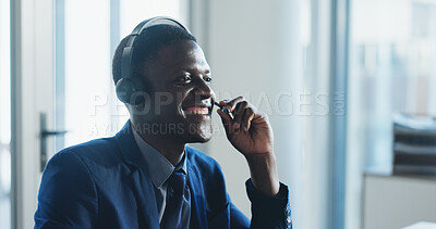 Buy stock photo Call center, smile and black man in office with headset, contact us or advice in crm service. Professional, space and consultant in agency with tech, online assistance or feedback in client support.
