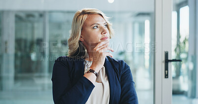 Buy stock photo Business, thinking and woman in office with idea for justice, decision or planning at law firm. Thoughts, corporate attorney or person with reflection, legal solution or problem solving with vision
