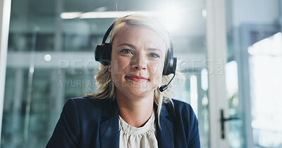 Buy stock photo Call center, help and woman in office with headset, contact us or advice in crm service. Professional, flare and consultant in agency with tech, online assistance or feedback in client support.
