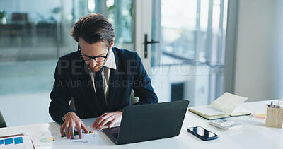 Buy stock photo Finance, review or man in office with paper, funding check or data analysis for budget pitch. Research, paperwork and analyst with laptop, profit report or proposal update for investment plan.