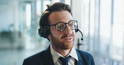 Buy stock photo Call center, help and man in office with headset, contact us or advice in crm service. Professional, space and consultant in agency with tech, online assistance or feedback in client support.