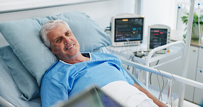 Buy stock photo Happy, senior man or thinking in hospital bed for operation recovery, healing progress or post surgery. Retirement healthcare, elderly patient or smile in clinic for medical care or health reflection