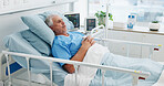 Thinking, senior man and worry in hospital bed with vision, healthcare recovery and treatment options. Thoughts, elderly person and patient reflection of illness, rehabilitation and medical procedure