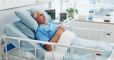 Buy stock photo Thinking, senior man and worry in hospital bed with vision, healthcare recovery and treatment options. Thoughts, elderly person and patient reflection of illness, rehabilitation and medical procedure