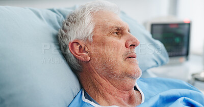 Buy stock photo Thinking, senior man and stress in hospital bed for vision, healthcare recovery and treatment options. Thoughts, elderly person and patient reflection of illness, rehabilitation and medical procedure