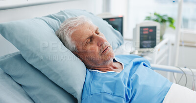 Buy stock photo Tired, senior man and sleeping in hospital bed for rest, healthcare recovery and treatment. Elderly person, fatigue and exhausted patient with illness, medical rehabilitation and dreaming for healing
