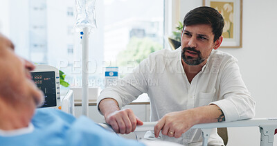 Buy stock photo Senior father, son and communication in hospital for visit, emotional support or check up for healing. Care, comfort or elderly patient with man for health recovery, chat or empathy in medical center