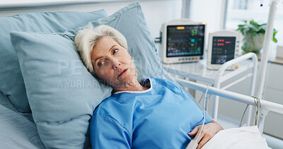 Buy stock photo Thinking, old woman and worry in hospital bed with vision, healthcare recovery and treatment decision. Thoughts, elderly person and patient reflection of illness, rehabilitation and medical procedure