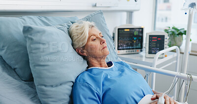 Buy stock photo Thinking, senior woman and worry in hospital bed with vision, healthcare recovery and treatment. Elderly person, daydreaming and patient reflection for illness, rehabilitation and medical procedure