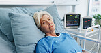 Portrait, senior woman and rest in hospital bed with insomnia, healthcare recovery and treatment. Elderly person, illness and patient in icu for healing, medical rehabilitation and awake for wellness