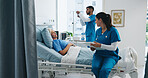 Nurse, clipboard and happy old woman in hospital bed for medical assessment, good news or recovery. Healthcare staff, senior patient and worker with health report for healing update or monitor vitals
