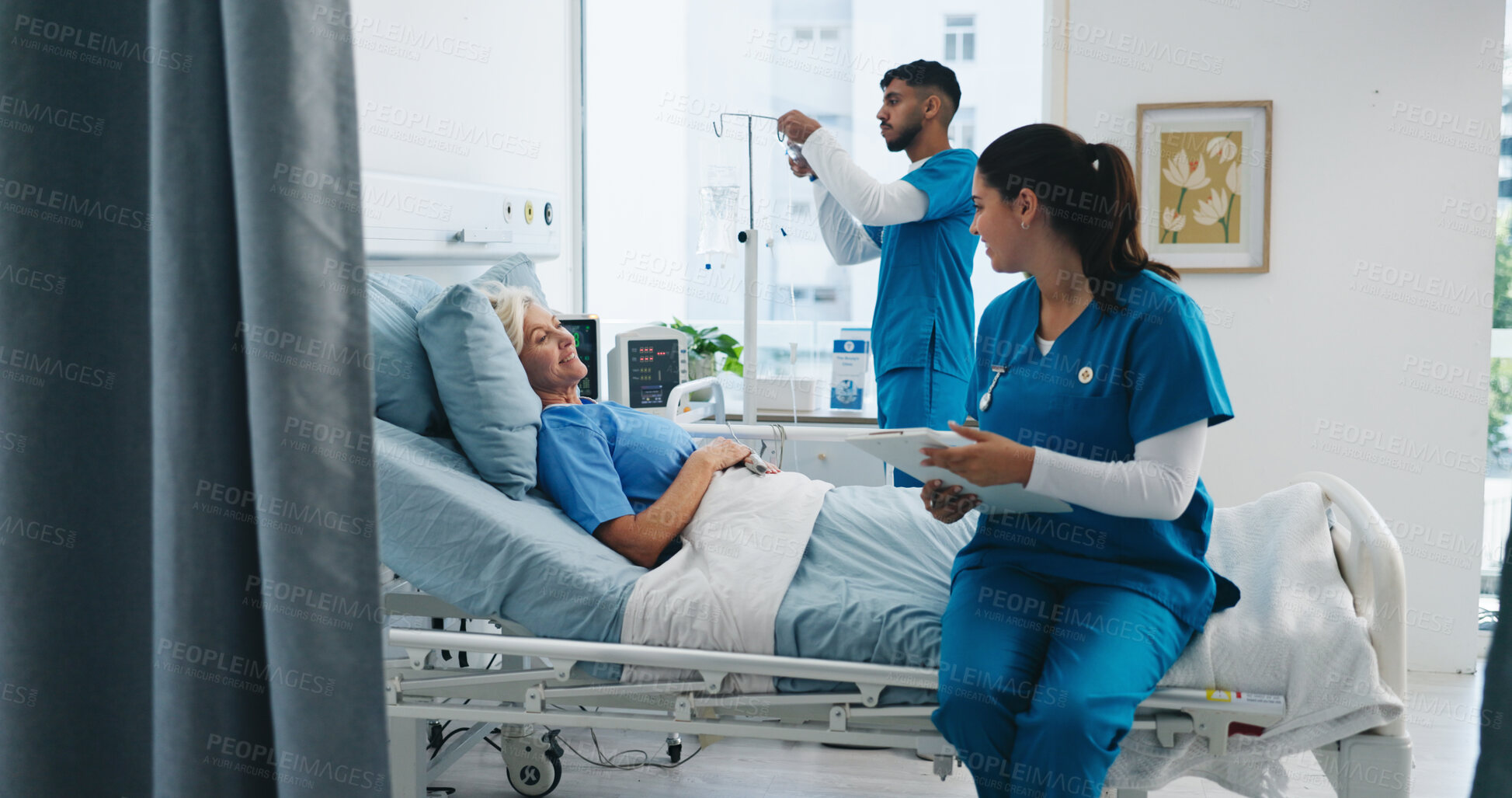 Buy stock photo Nurse, clipboard and happy old woman in hospital bed for medical assessment, good news or recovery. Healthcare staff, senior patient and worker with health report for healing update or monitor vitals