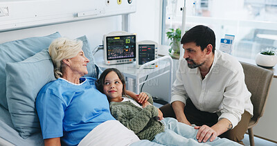 Buy stock photo Father, girl and grandmother in hospital bed for healthcare, conversation and wellness. Family, senior woman and dad with daughter for discussion, support and trust for care and love with recovery