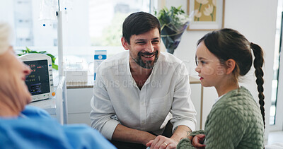 Buy stock photo Father, girl and grandmother in hospital bed for support, conversation and wellness. Family, senior woman and dad with daughter for discussion, healthcare and trust for care and love with recovery