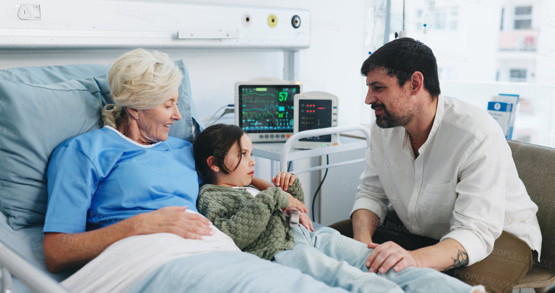 Buy stock photo Woman, patient and grandchild with dad in hospital bed for visit, checkup or support in clinic. Senior, female person and grandkid lying with grandma or father for medical help, love or recovery