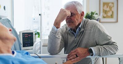 Buy stock photo Hospital bed, healthcare and stress with senior couple, cancer patient and worry with partner. Sick woman, sad man and visit in clinic for support, medical care and terminal diagnosis in retirement