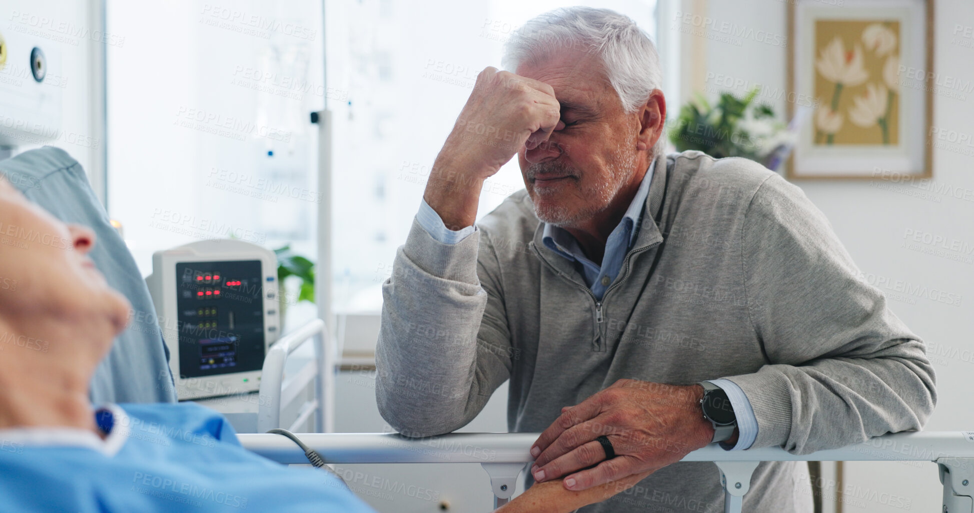 Buy stock photo Hospital bed, healthcare and stress with senior couple, cancer patient and worry with partner. Sick woman, sad man and visit in clinic for support, medical care and terminal diagnosis in retirement