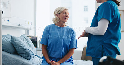 Buy stock photo Happy woman, nurse and discussion with patient results for medical diagnosis or clinic treatment. Female person, doctor or talking with client, smile or advice for health plan, symptoms or procedure