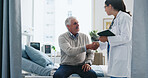 Woman, doctor and handshake with patient or tablet for medical diagnosis or clinic treatment. Female person, nurse or shaking hands with senior man for healthcare recovery, hospital checkup or visit
