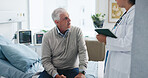Old man, doctor and tablet at hospital consultation for medical assessment, test results or update. Retirement health, senior patient and worker with tech for diagnosis, treatment plan and feedback