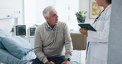 Buy stock photo Old man, doctor and tablet at hospital consultation for medical assessment, test results or update. Retirement health, senior patient and worker with tech for diagnosis, treatment plan and feedback