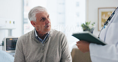 Buy stock photo Senior man, doctor and tablet with patient for medical diagnosis, results or clinic treatment. Elderly, male person and listening with nurse for healthcare recovery, hospital checkup or consultation