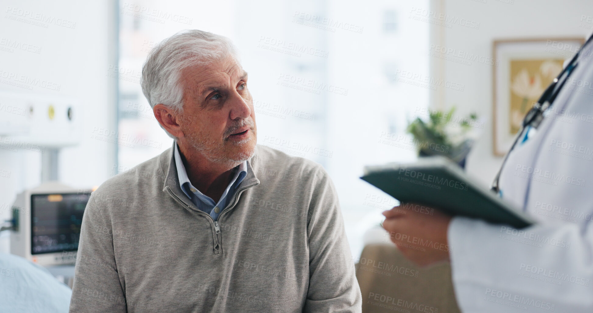 Buy stock photo Senior man, doctor and tablet with patient for medical diagnosis, results or clinic treatment. Elderly, male person and listening with nurse for healthcare recovery, hospital checkup or consultation