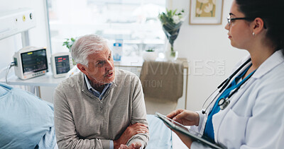 Buy stock photo Old man, doctor and tablet at clinic consultation for medical assessment, test results or update. Retirement health, senior patient or professional with tech for diagnosis, treatment plan or feedback