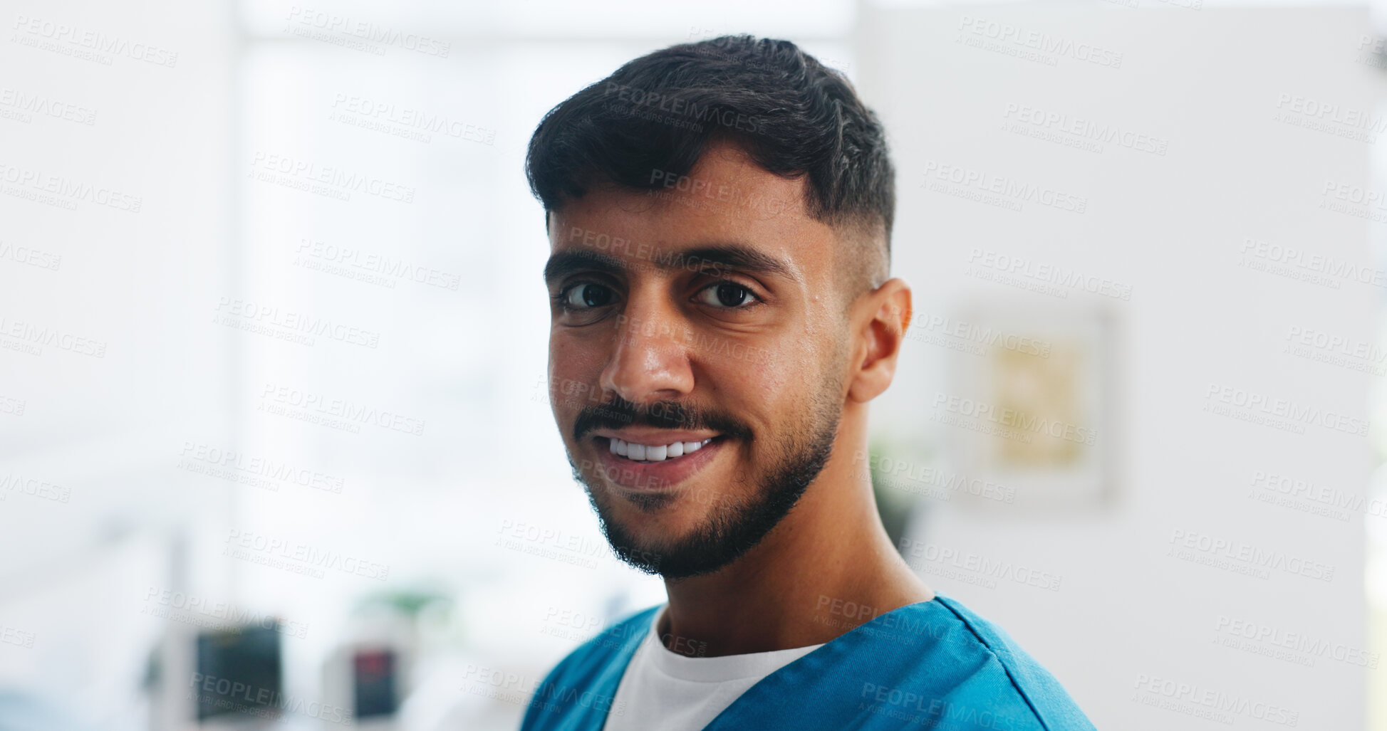 Buy stock photo Nurse, man and portrait in hospital for healthcare, pride and confidence with medical professional. Medicine, health and male physician or surgeon with smile for career, opportunity or about us