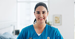 Nurse, woman and portrait in hospital for healthcare, pride and confidence with medical professional. Medicine, health and female physician or surgeon with smile for career, opportunity or about us