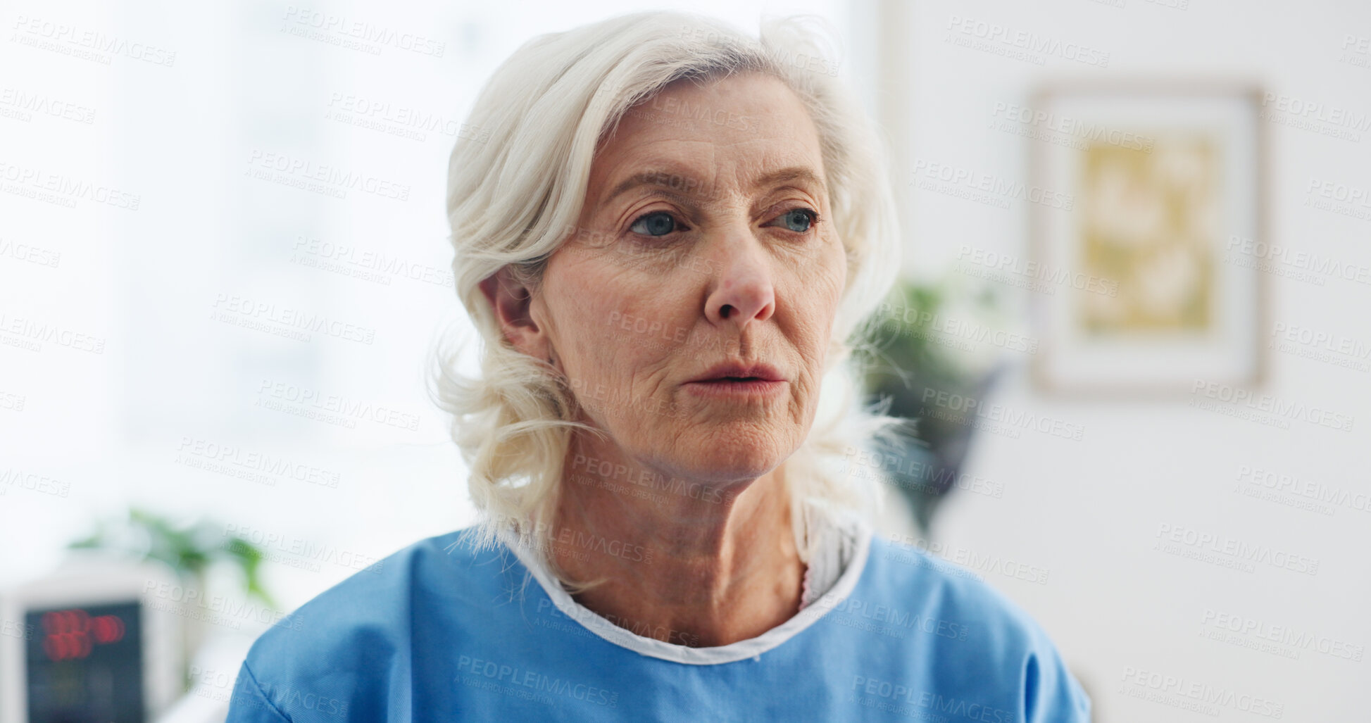 Buy stock photo Stress, senior woman and thinking in hospital for bad news, cancer diagnosis and medical mistake. Worry, elderly person or healthcare crisis of operation error, patient reflection and discharge delay