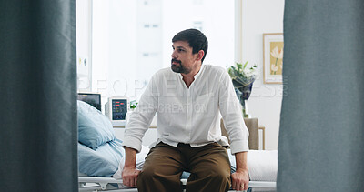 Buy stock photo Healthcare, thinking and waiting with man in hospital for appointment, healing or recovery. Checkup, ideas and medical with patient on bed in clinic for rehabilitation, treatment or wellness