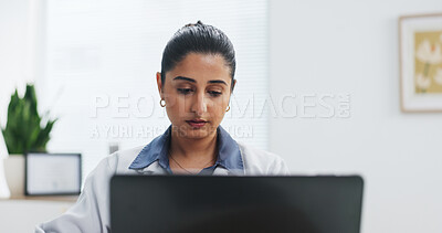 Buy stock photo Doctor, healthcare and laptop with woman in office at hospital for online planning or research. Computer, insurance and medical with Indian person in clinic for administration, report or study