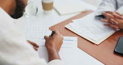 Buy stock photo Medical, writing or hands in office with paperwork, signature or advice for hospital insurance application. People, patient or doctor with contract, healthcare aid or signing of wellness survey.