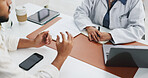 Doctor, hands and consultation with patient for healthcare, help and listen in hospital with tech. People, medical worker and talk for checkup, explain symptoms or assessment report with laptop