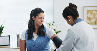 Buy stock photo Blood pressure, consultation and doctor with woman in hospital for medical service or support. Advice, checkup and healthcare worker with female patient for monitoring hypertension in clinic.