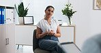 Office, meeting and woman with therapist, talk and consultation for mental health, help and session. Clinic, patient and psychologist with tablet for evaluation, solution and therapy appointment