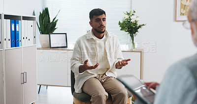 Buy stock photo Consultation, healthcare and man in clinic, talking and feedback for test results. Patient, medical service and professional in office, discussion and appointment for advice, wellness and support