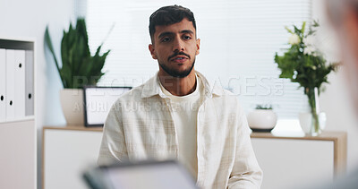 Buy stock photo Consultation, healthcare and man in hospital, listening and feedback for test results. Patient, medical service and professional in clinic, communication or appointment for advice, help or wellness