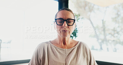 Buy stock photo Yoga, mature woman and meditation for peace, zen and mindfulness with wellness in studio. Yogi, female person and eyes closed for calm, breathing exercise and relax for holistic health with balance