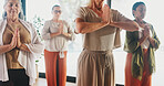Fitness, meditation and yoga with senior women in studio for balance, inner peace or mindfulness. Awareness, mudra and zen with group of calm old people in wellness class for mental health exercise