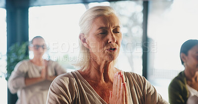Buy stock photo Breathing, meditation and yoga with senior women in studio for balance, inner peace or mindfulness. Exercise, fitness and zen with group of old people in wellness class for awareness or mental health