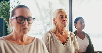 Buy stock photo Exercise, meditation and yoga with senior women in studio for balance, inner peace or mindfulness. Awareness, fitness and zen with group of calm old people in wellness class for mental health